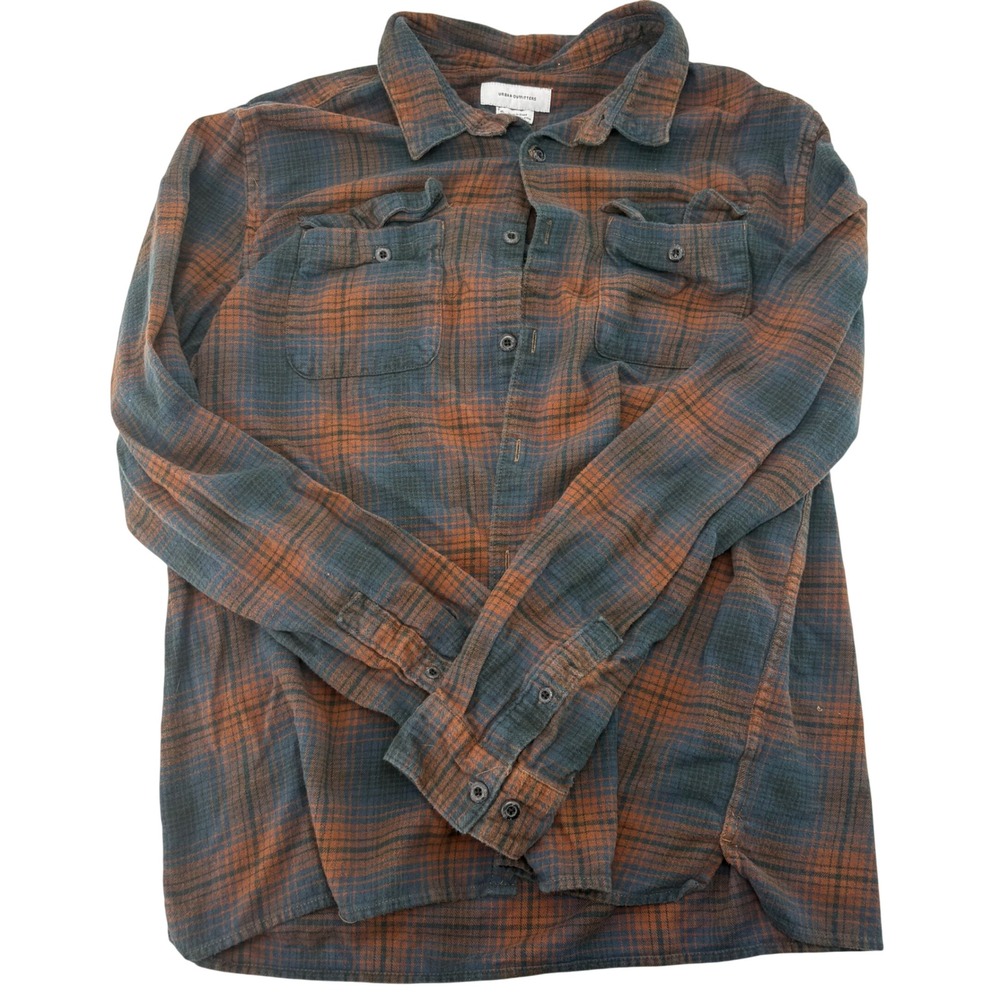 Urban Outfitters Mens XL Flannel Shirt Plaid Long Sleeve Orange Blue Cotton